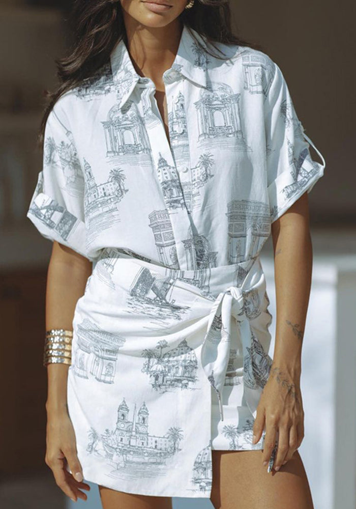 Women's Fashion Printed Short Sleeve Shirt Lace-Up Bodycon Skirt Two-Piece Suit