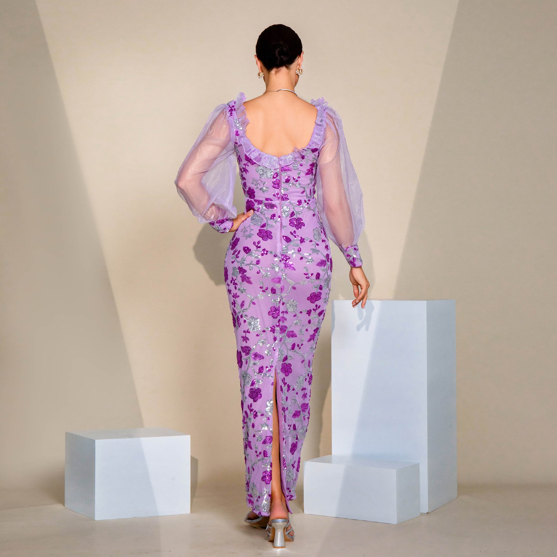 Long Sleeve V Neck Sexy Hollow Sequin Formal Party Evening Dress Bridesmaid Dress 4