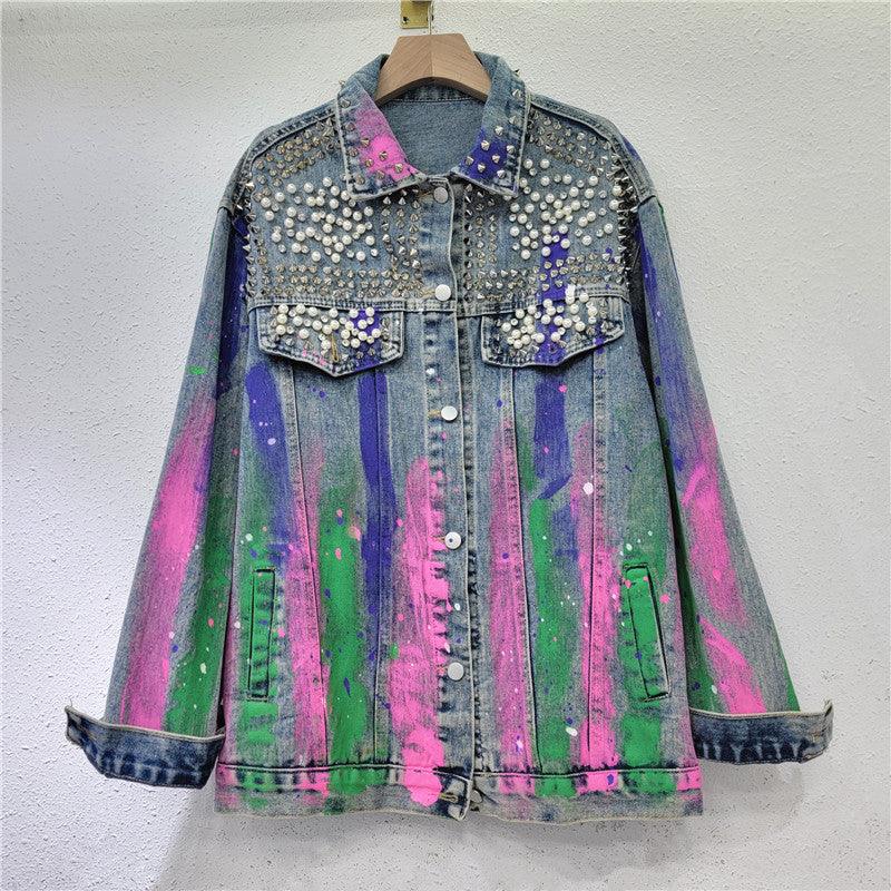 Women Spring Loose Diamond Trendy Hand-Painted Denim Jacket 3