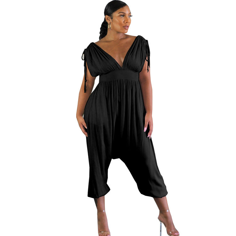 Women Casual Drawstring V Neck Wide Leg Jumpsuit