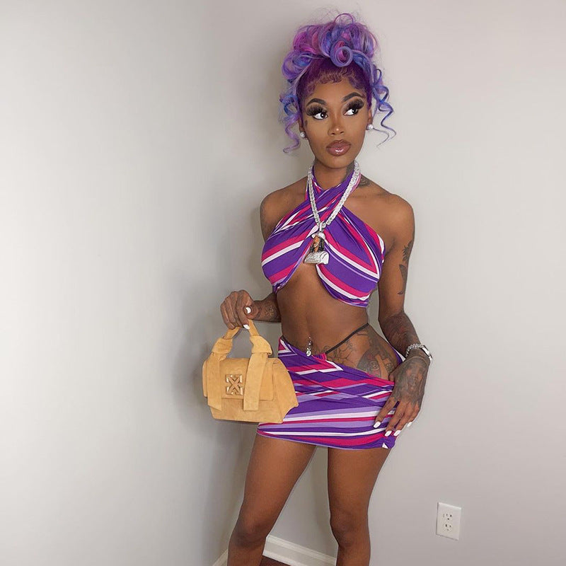 Women's Spring Summer Contrast Print Sleeveless Halter Neck Crop Top & Skirt Set 4