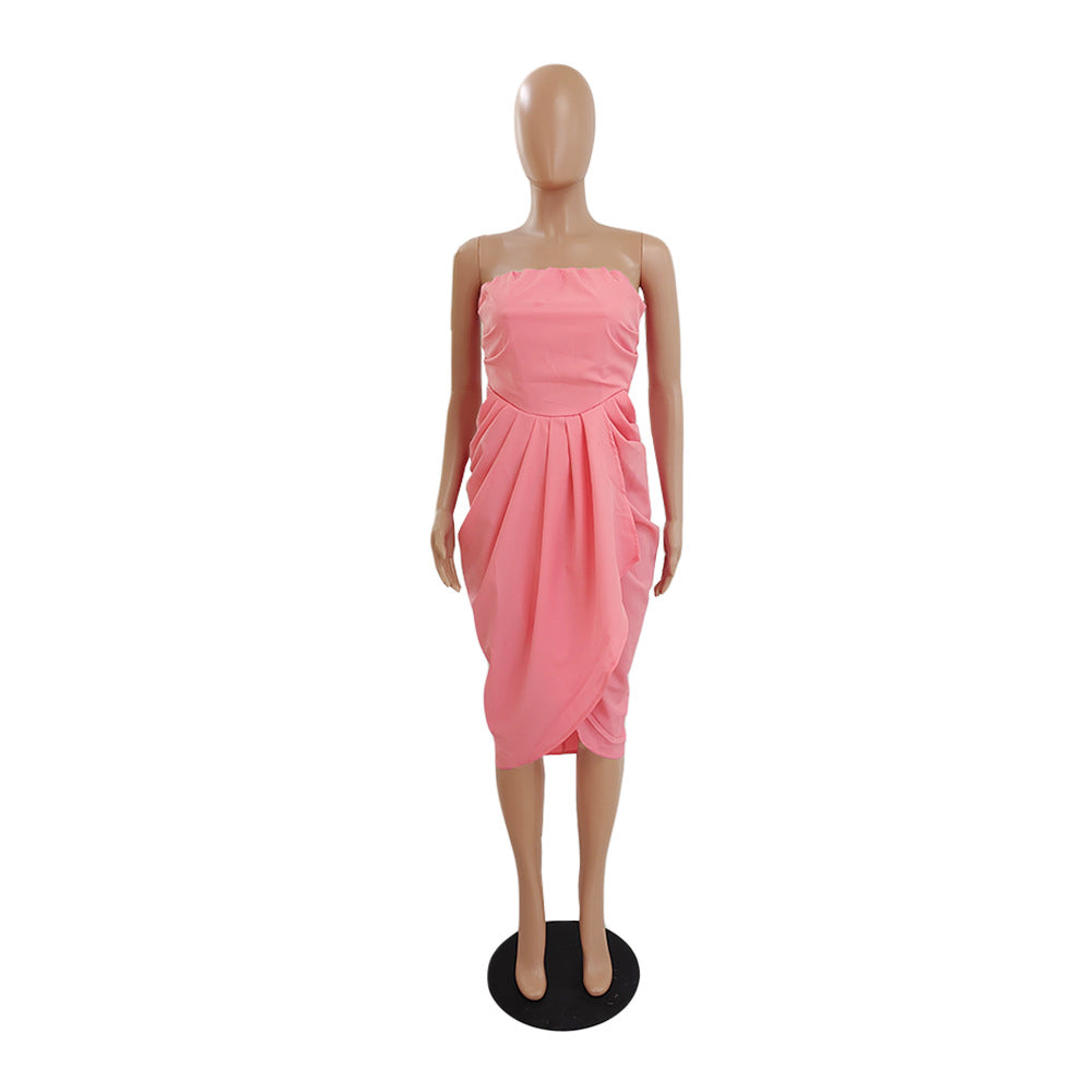 Women's Sexy Strapless Slim Waist Solid Color Pleated Dress 11