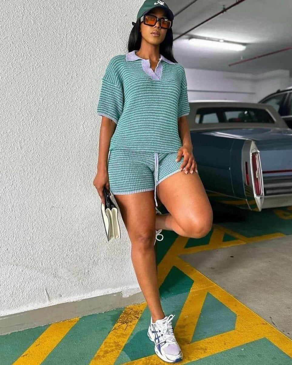 Women's Summer Turndown Collar Short Sleeve Hollow Knitting Top Tight Fitting Shorts Fashion Two Piece Set 3