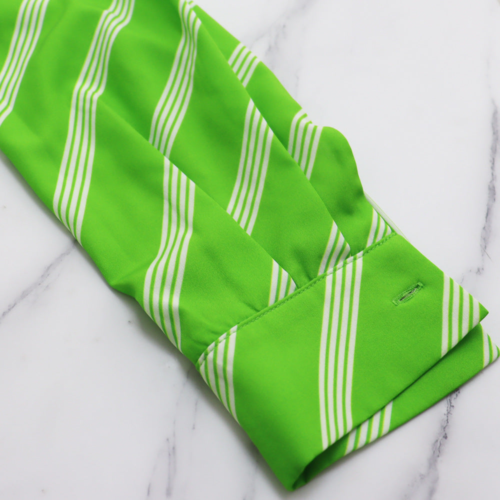 Striped Turndown Collar Casual Summer Women's  Pleated Slim Waist Long Dress 17