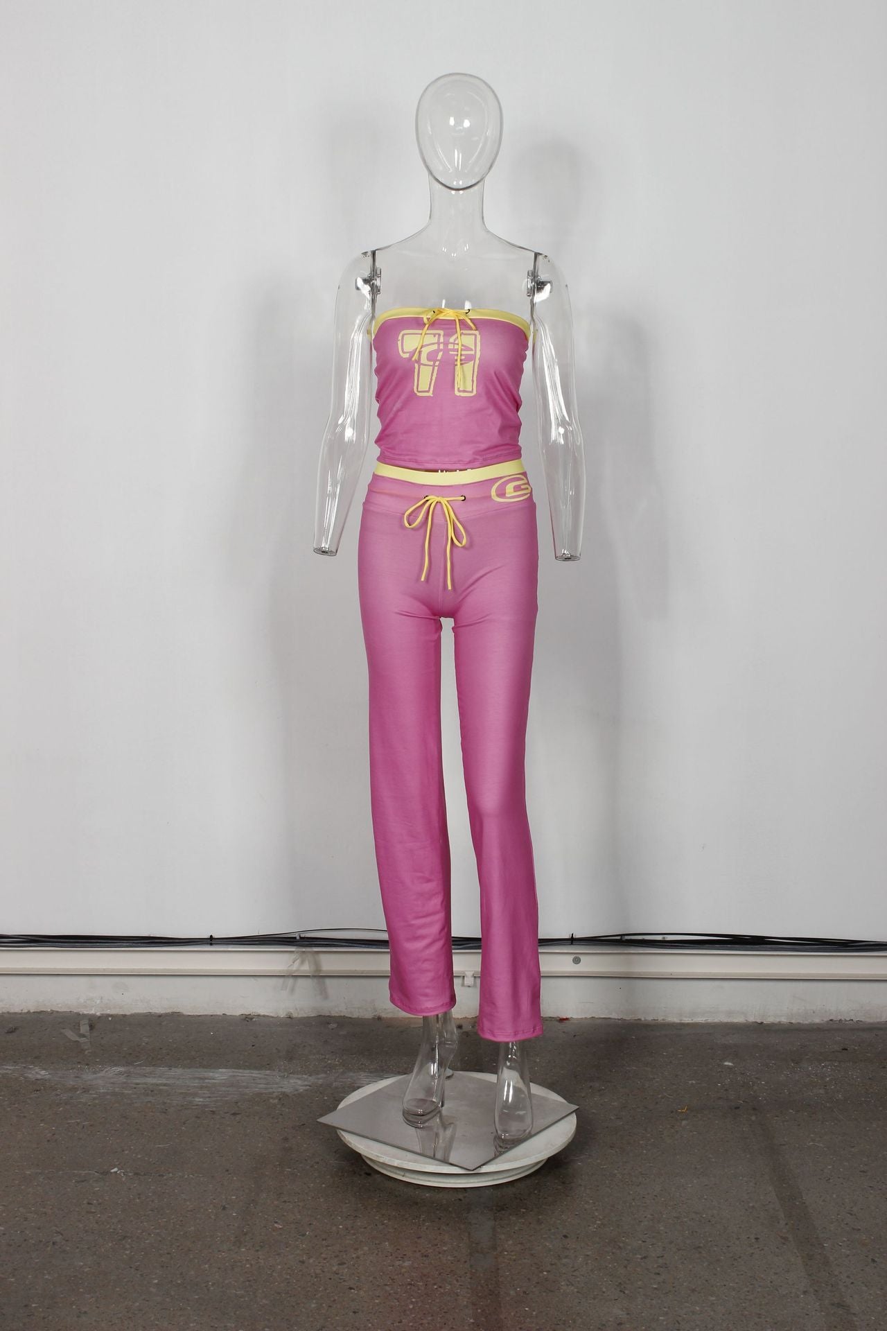 Autumn Fashion Slim Contrast Color Sexy Short Strapless Crop Top Trousers Two Piece Set 9