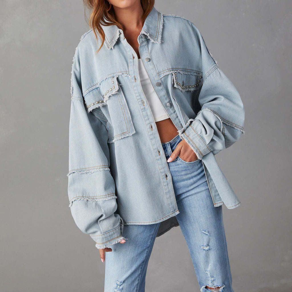 Women Autumn Rivets Turndown Collar Beard Denim Jacket 6