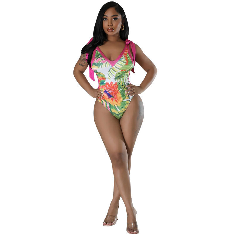 Fashion Casual Women's Sleeveless Printed Lace Up Strap Bodysuit Skirt Set