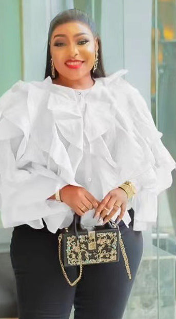 Women Round Neck Irregular Lotus Long Sleeve Casual Top Shirt