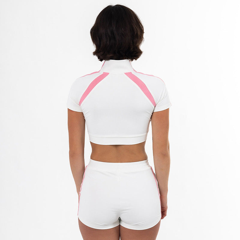 Women spring and summer Turndown Collar Zipper contrast color Top and sports shorts two-piece set 7