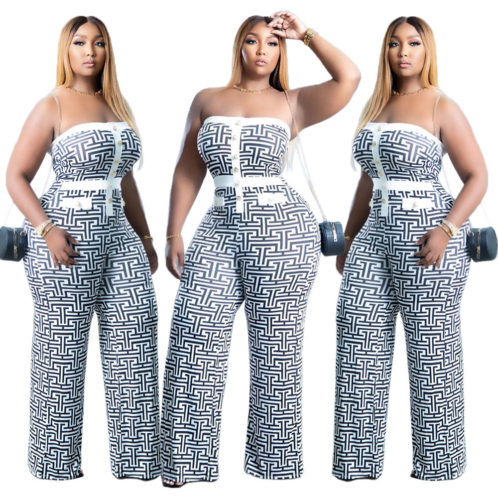 Plus Size Women Fake Button Strapless Print Jumpsuit 3
