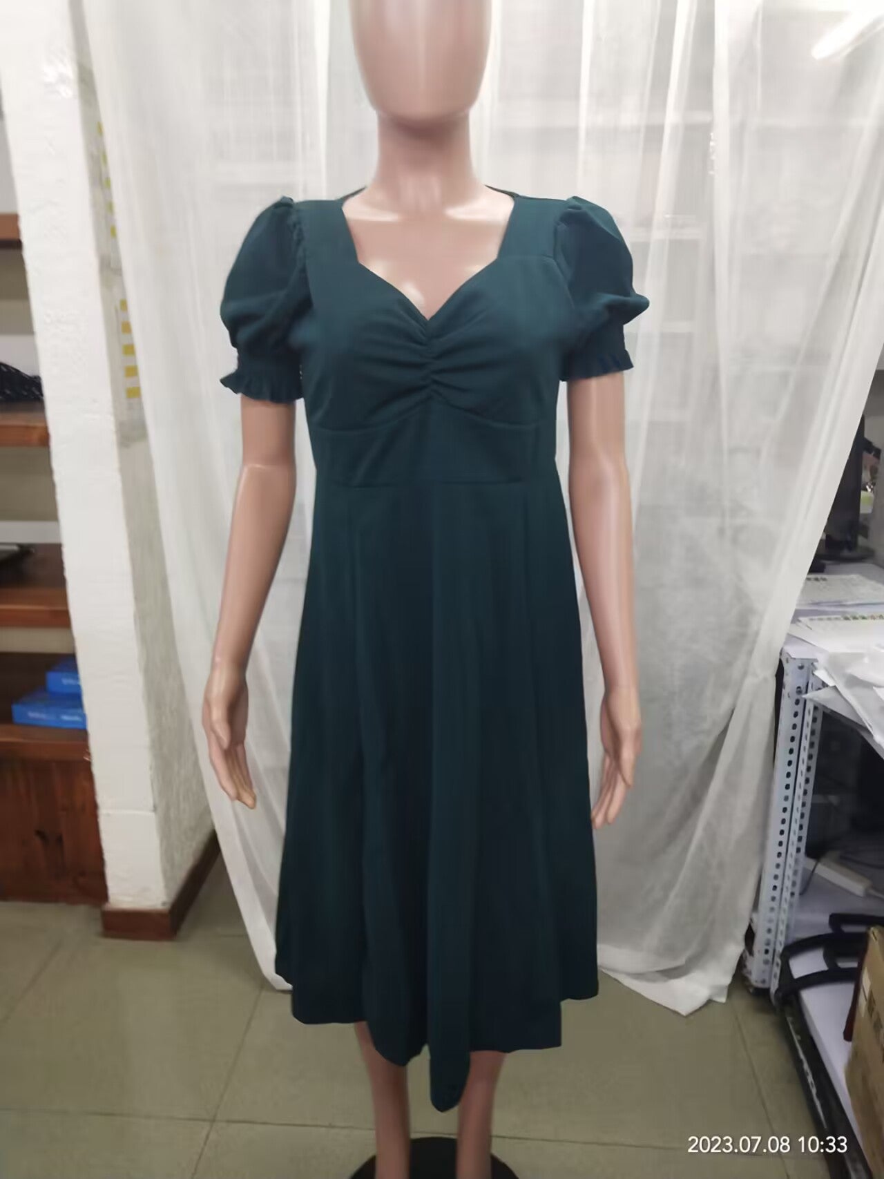 Women Summer French Style Puff Sleeve Square Neck Slit Long Dress 14