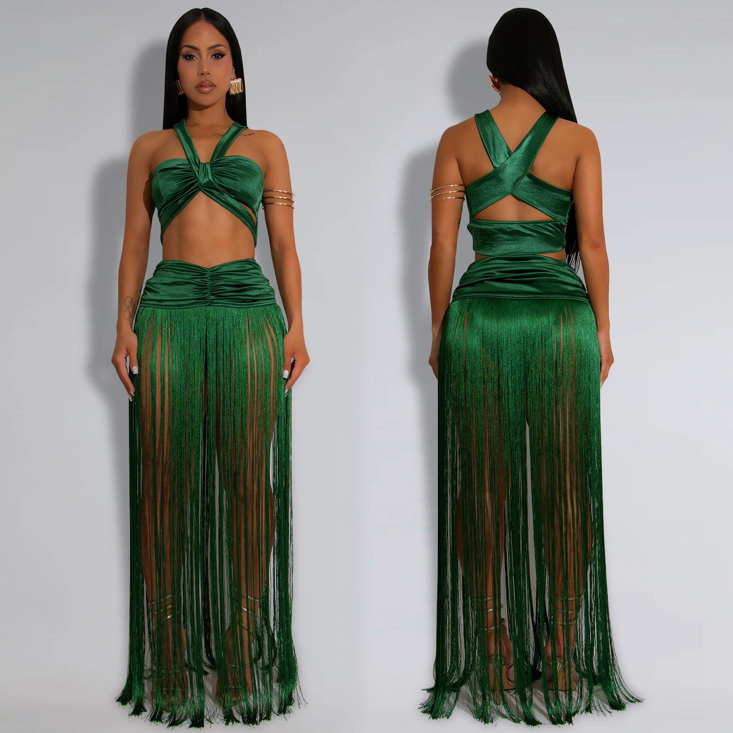 Women's Fashion Sexy Strap Top & Fringe Long Skirt Two-Piece Set 4