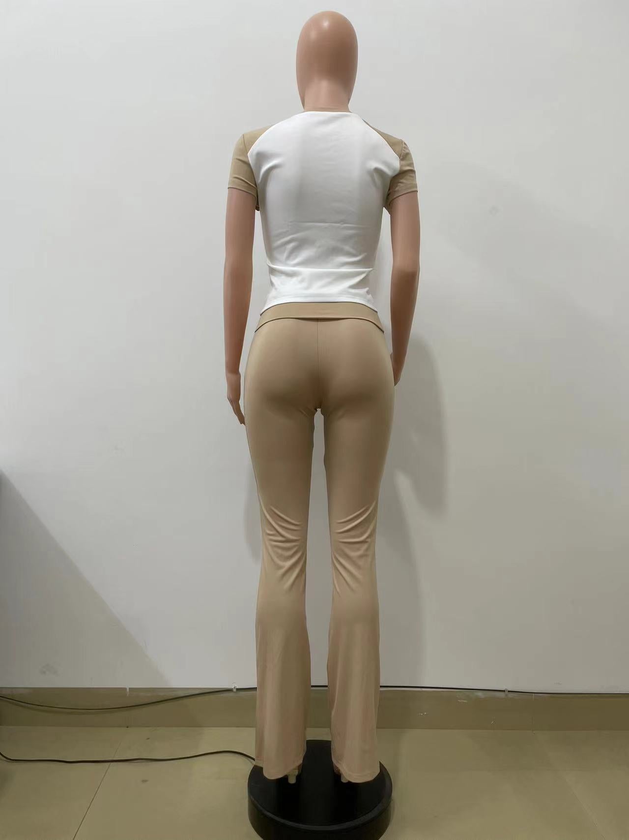 Women's Spring Summer Color Matching Sports Dance Fitness Yoga Short-Sleeved Two-Piece Pants Set 14