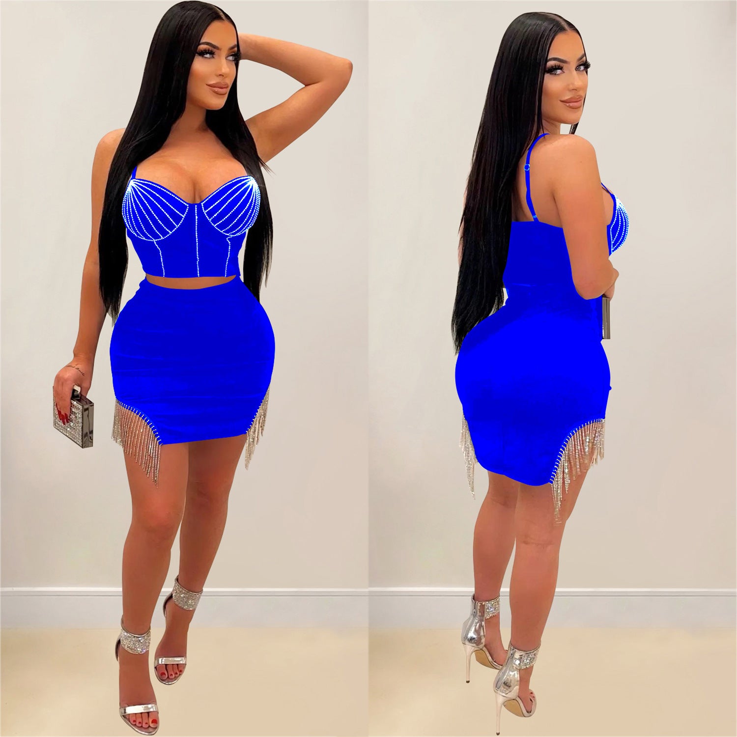 Women's Fashion Beaded Sleeveless Straps Top Tassels Skirt Two-Piece Set 4