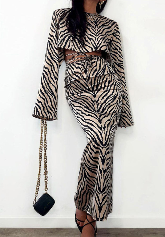 Long-Sleeved Zebra Stripes Crop Top High-Waist Fishtail Skirt Two-Piece Set Women's Clothing