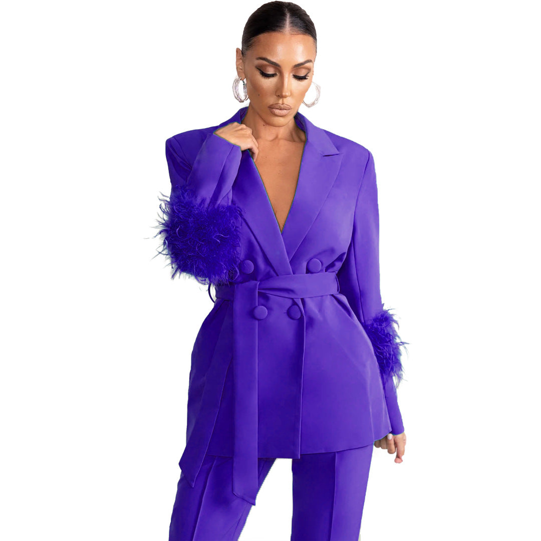 Fuzzy Fashion Casual Long Sleeve Two-Piece Blazer and Pants Set 16