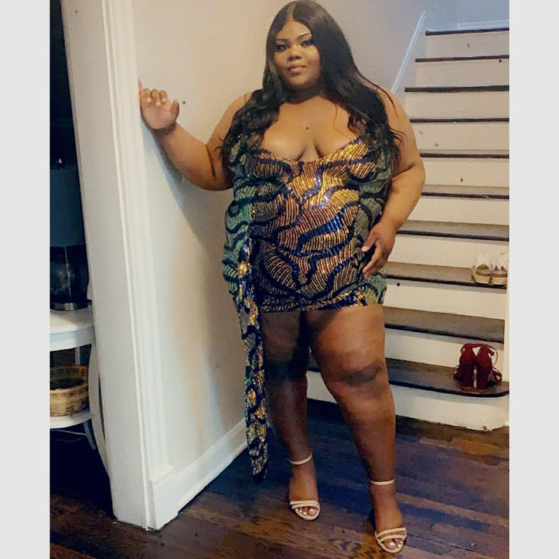 Women's Fashion Open Back Sexy Halter Neck Sequin Plus Size Dress 4