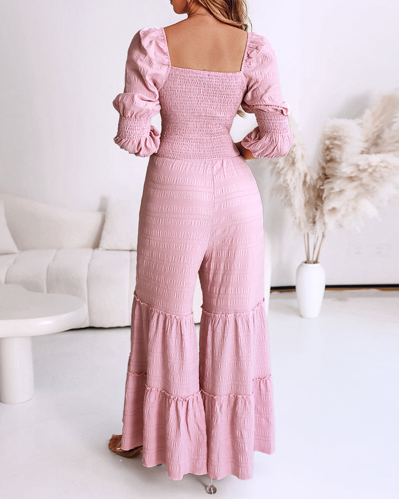 Women Square Neck Drawstring Puff Sleeve Wide Leg Jumpsuit 7