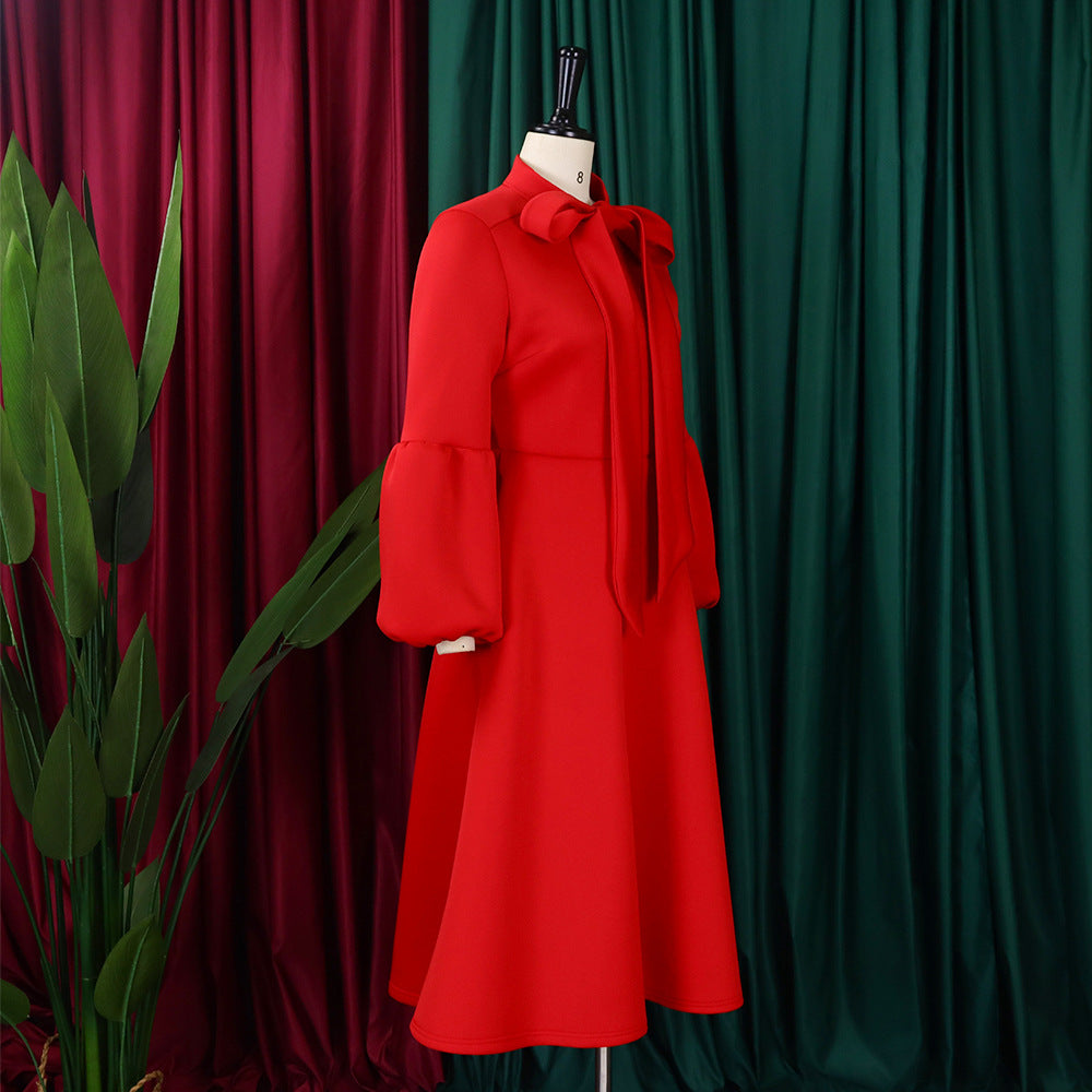 Women's Puff Sleeve Bow Tied High Waist A-Line Party Dress 31