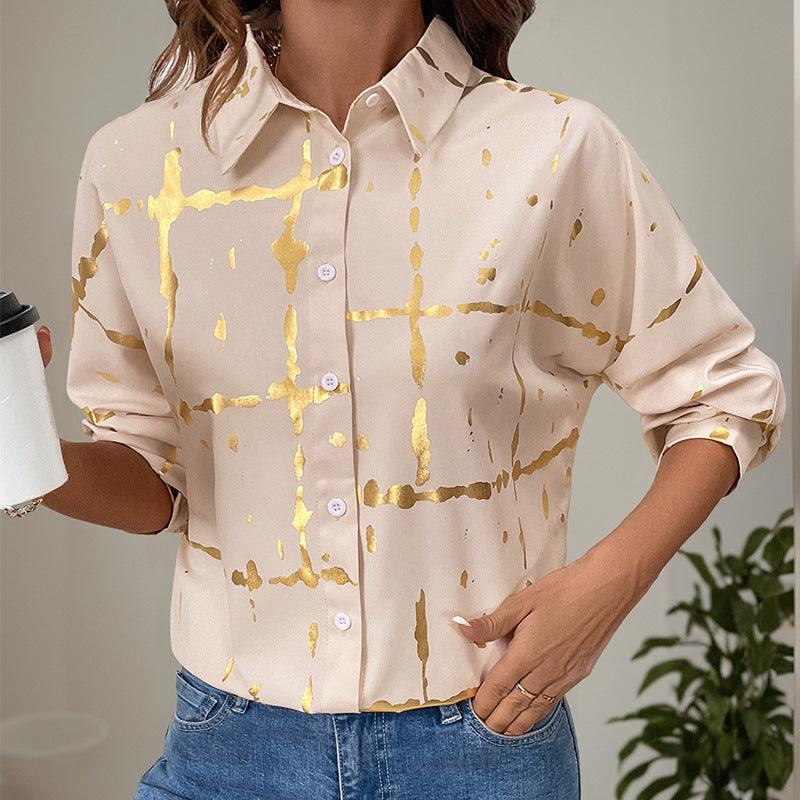 Women autumn and winter Casual Turndown Collar Shiny printed shirt