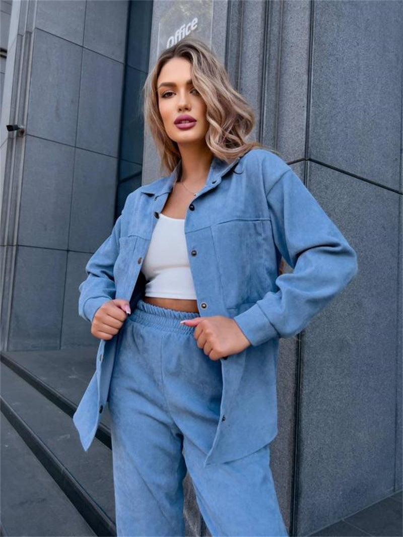 Women Fall Button Long Sleeve Shirt and Pant Two-piece Set 3