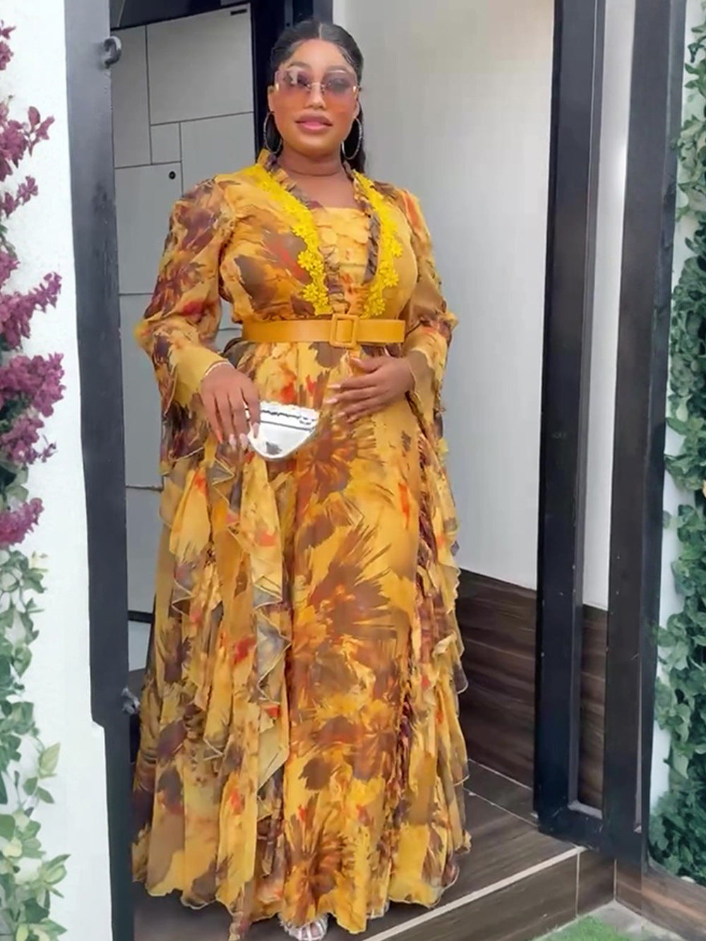 African Ruffled Printed Long DressFashionable Plus Size Wear for Women