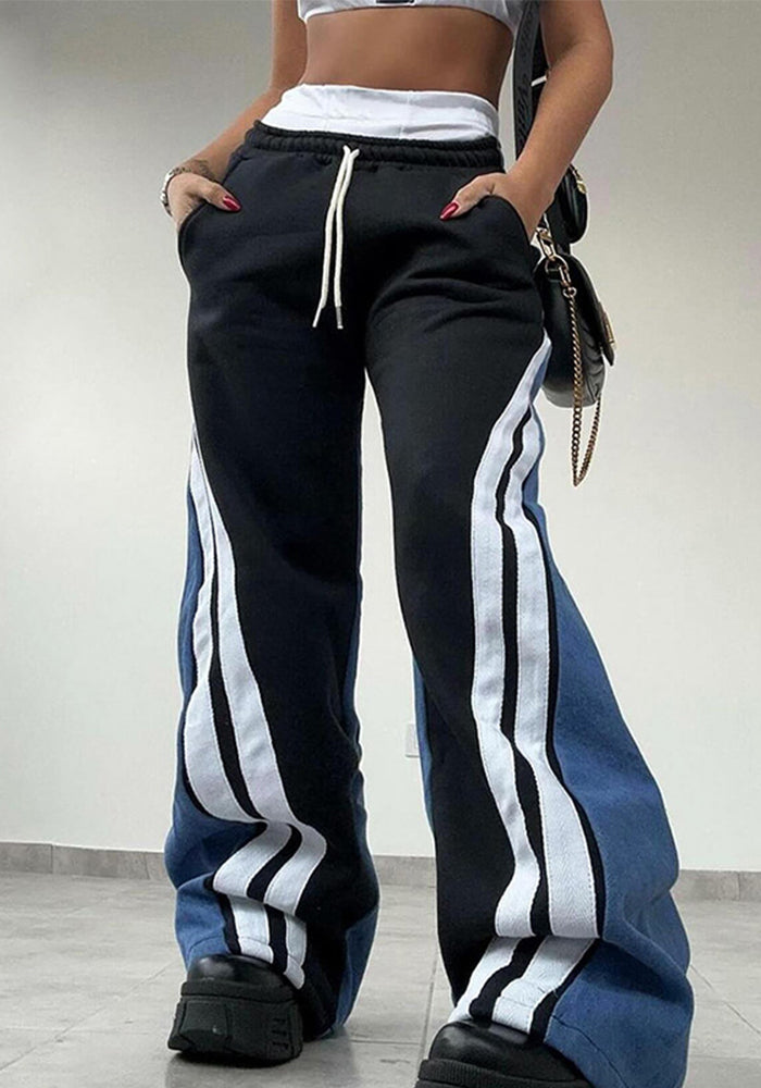 Women Contrast Stripe Patchwork Loose Wide Leg Pants