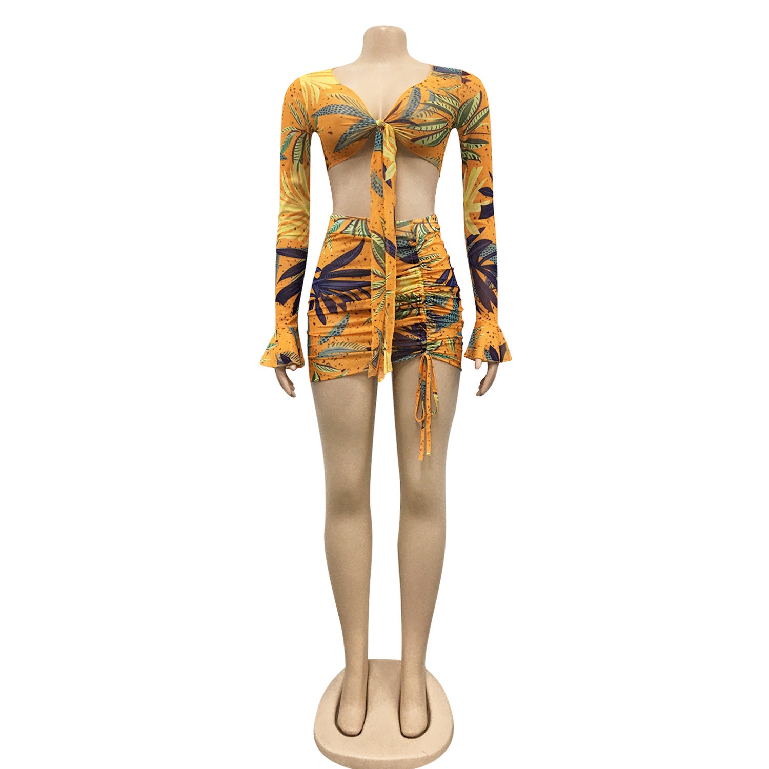 Women Printed V-Neck Lace-Up Long-Sleeved Top and Drawstring Skirt Two-Piece Set 17