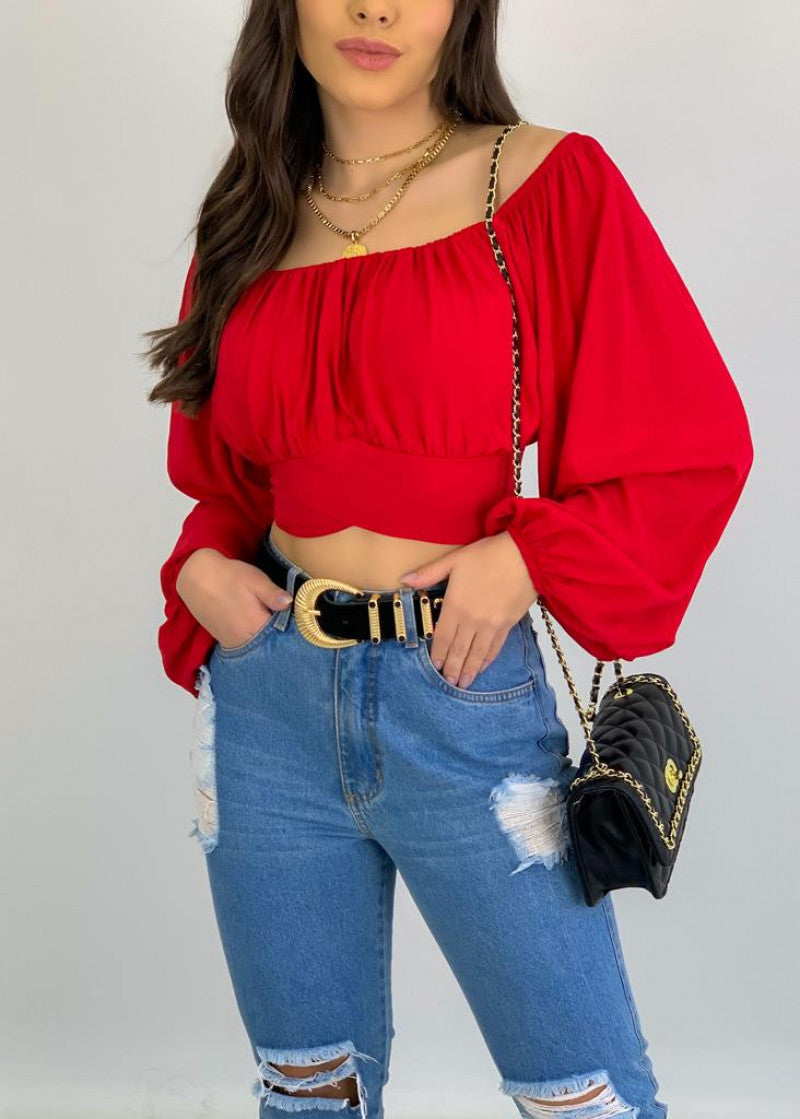 Top Women's Solid Color Lantern Sleeve Off Shoulder Sexy Puff Sleeve Crop Shirt 3