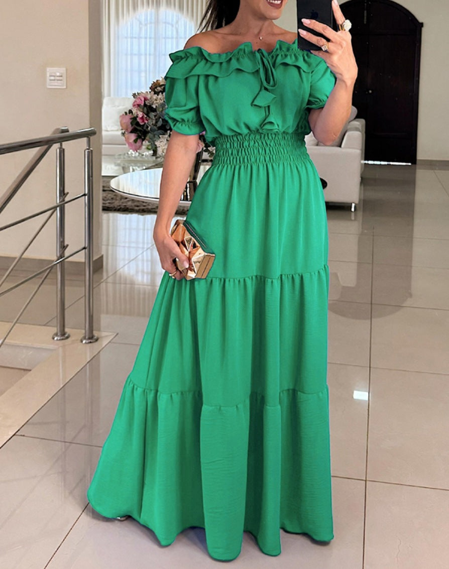 Fashionable Women's Solid Color Tie Ruffle Off-Shoulder Puff Sleeve Maxi Dress 3