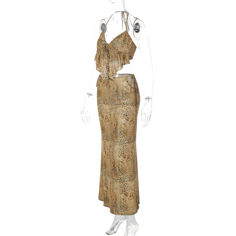 Women Summer Printed Sexy Strapless Top Lace-up Skirt Two-piece Set 7