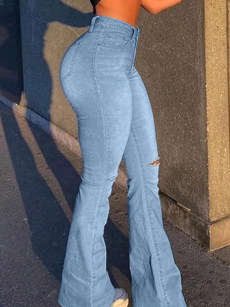 Women Ripped Stretchy Denim Wide-Leg Pants 6