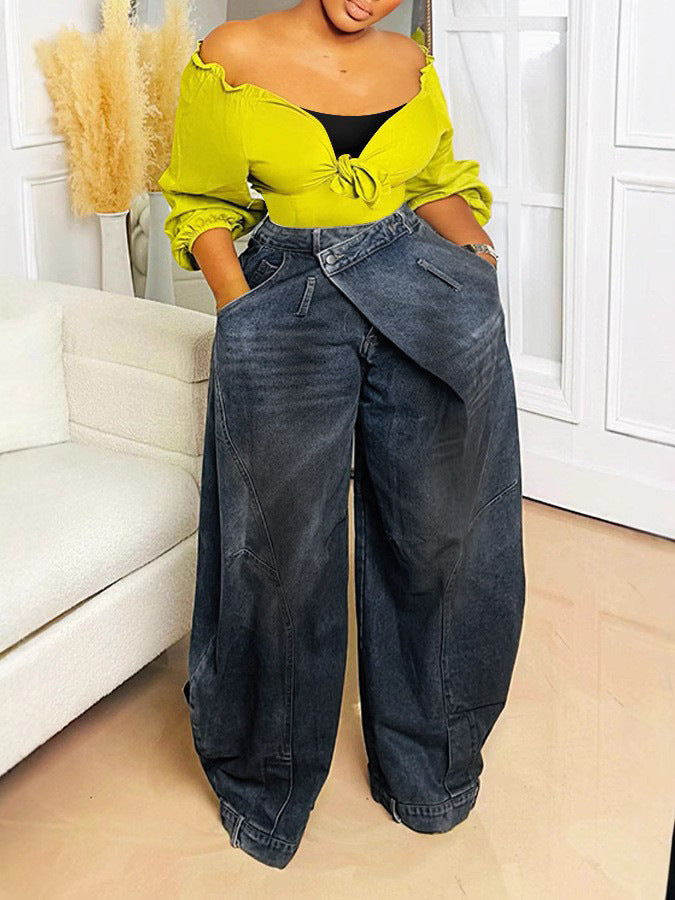 Women Retro Washed Reverse Waist Denim Pants 7