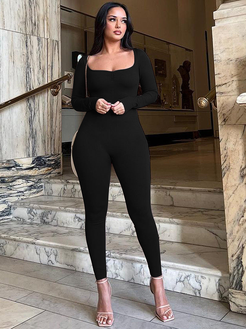 Women Winter Solid Square Neck Pleated Long Sleeve Jumpsuit 5