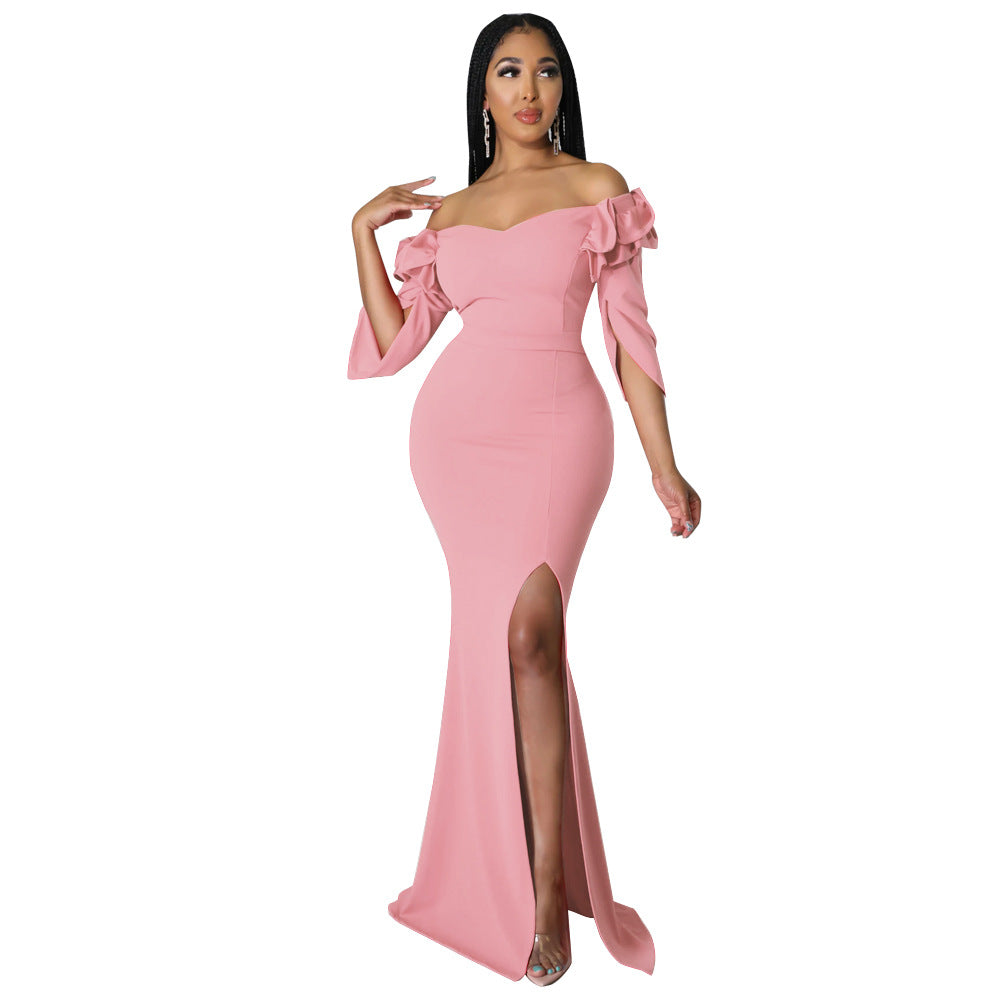 Ruffle Edge Off Shoulder Slim Fit Sexy Slit Women's Dress 7