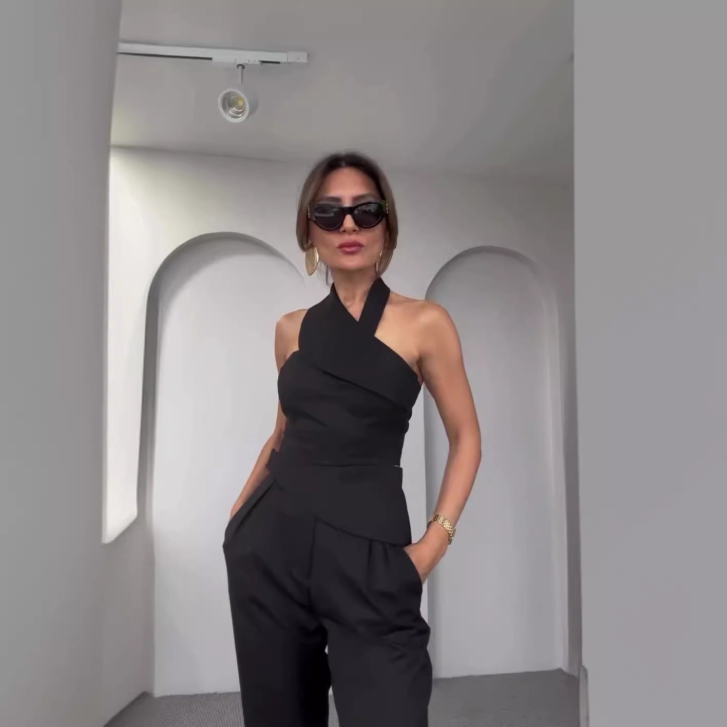 Summer Slash Shoulder Halter Neck Slim Top High Waist Straight Pants Set