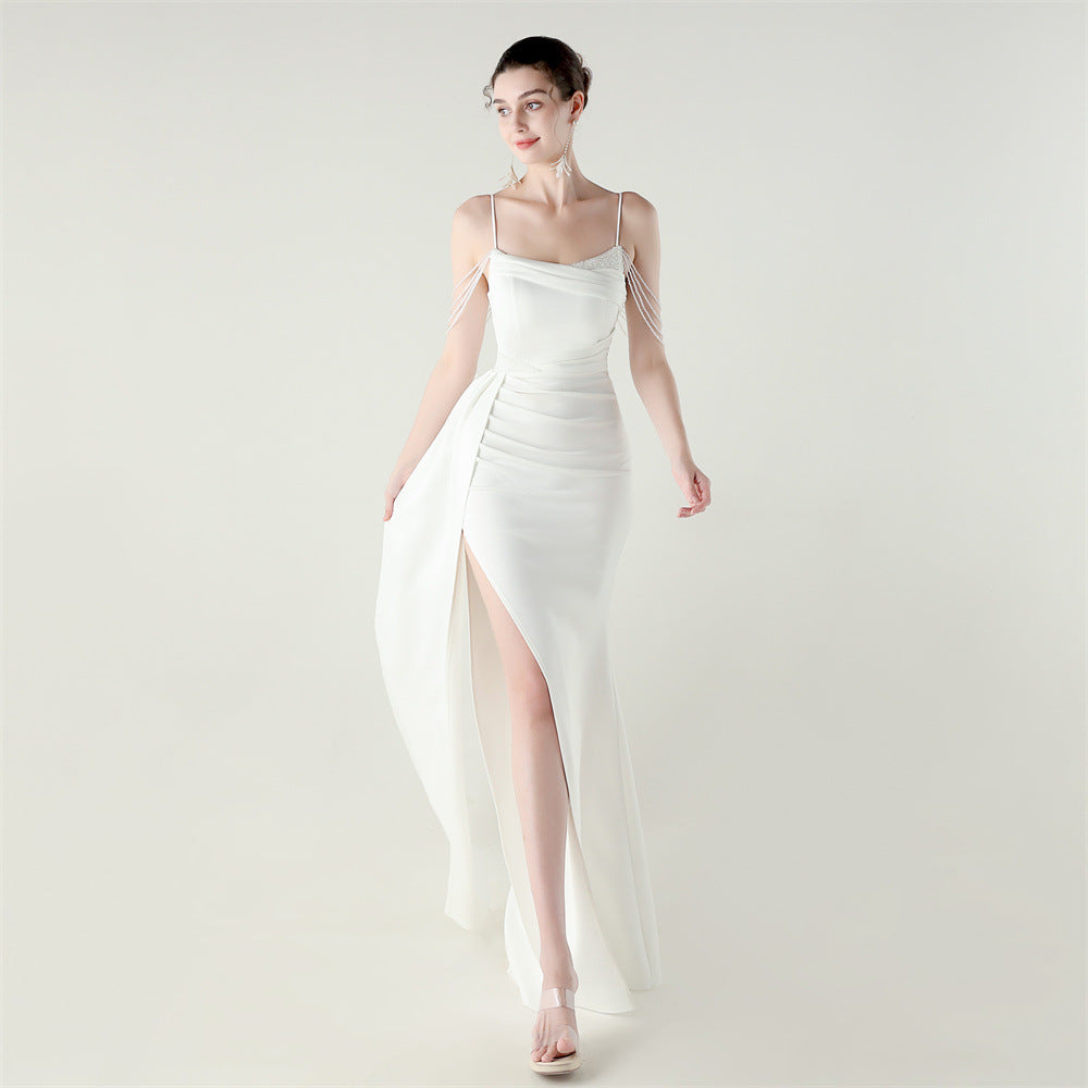 Women beaded chain fishtail slit evening dress 13