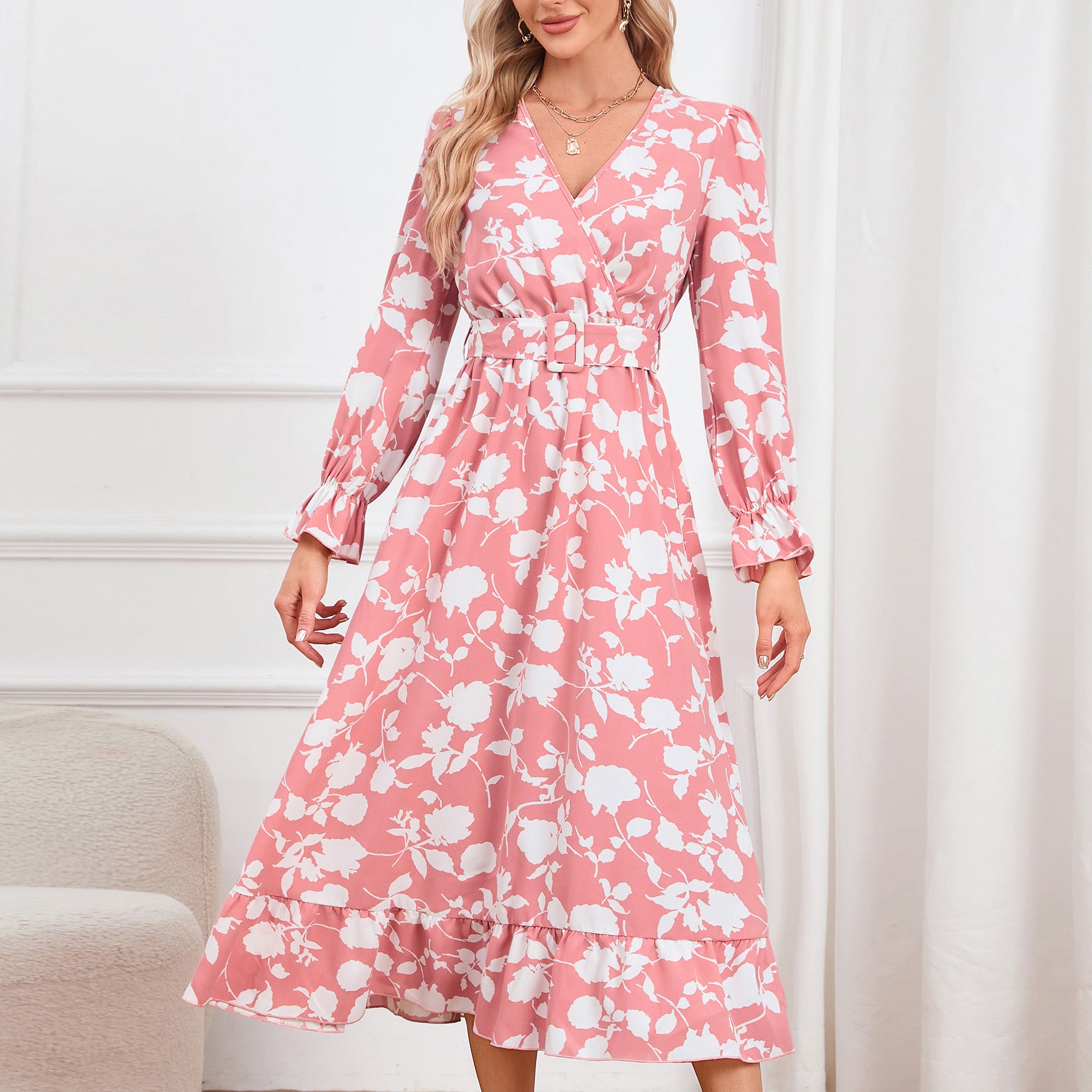 Retro V-Neck Printed Slim Waist Women's Dress 6