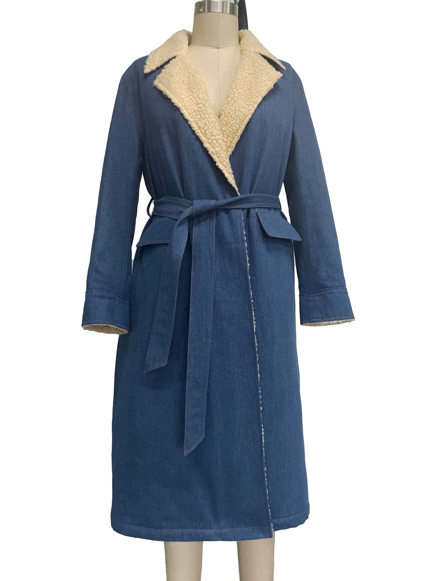 Women Sherpa Turndown Collar Strappy Double Pocket Denim Trench Coat 4