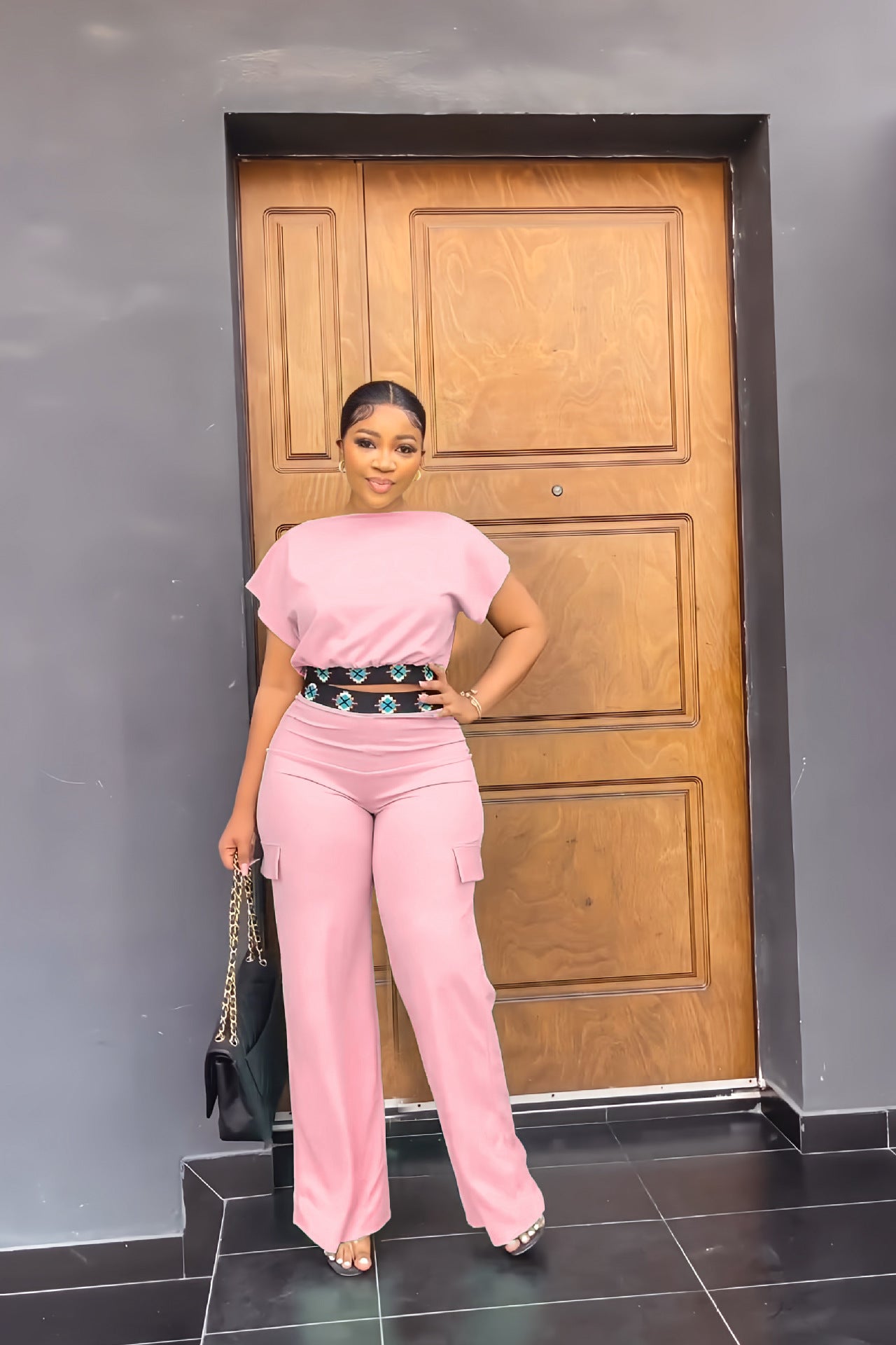 Casual Women's Short Sleeve Top Summer Solid Color Versatile Loose Straight Leg Trousers Two-Piece Set 4