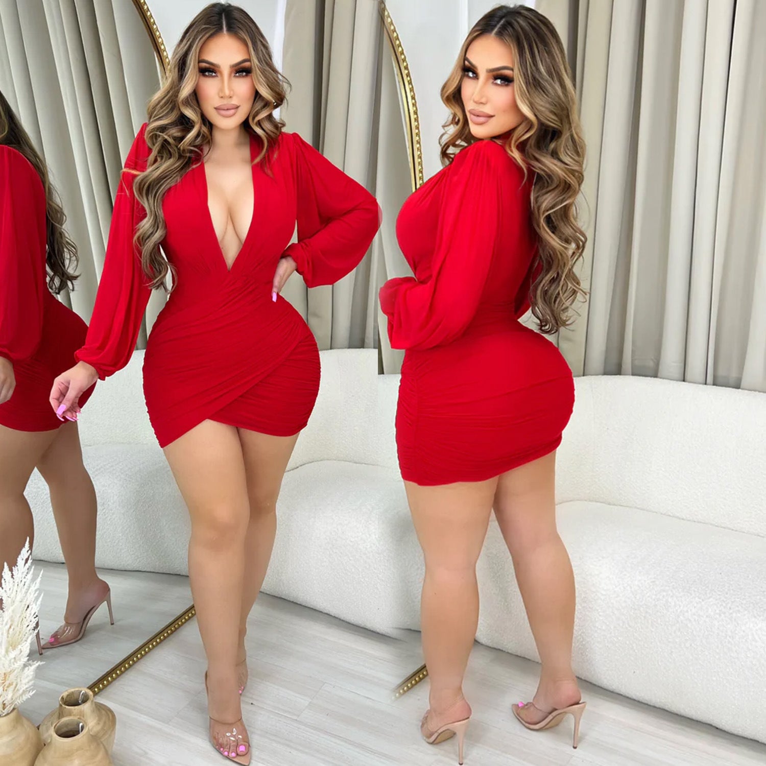 Women sexy v-neck mesh long-sleeved pleated dress 5