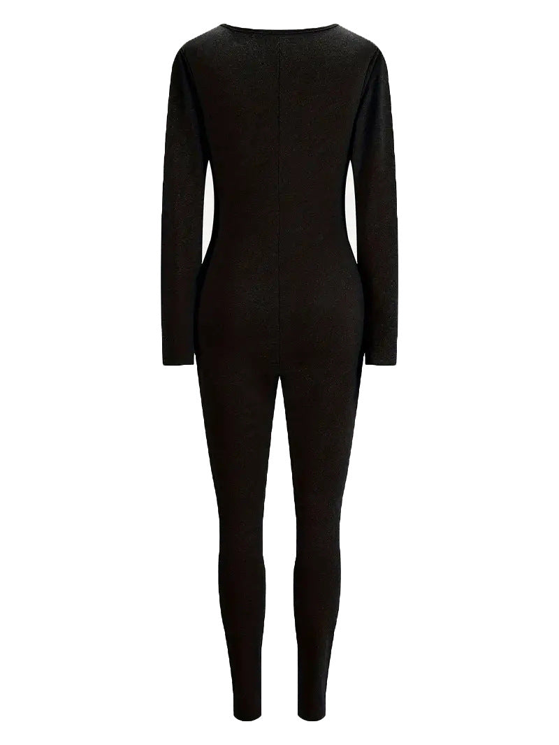 Spring Summer Women's Solid Color Long Sleeve  Tight Fitting Zipper Jumpsuit 8