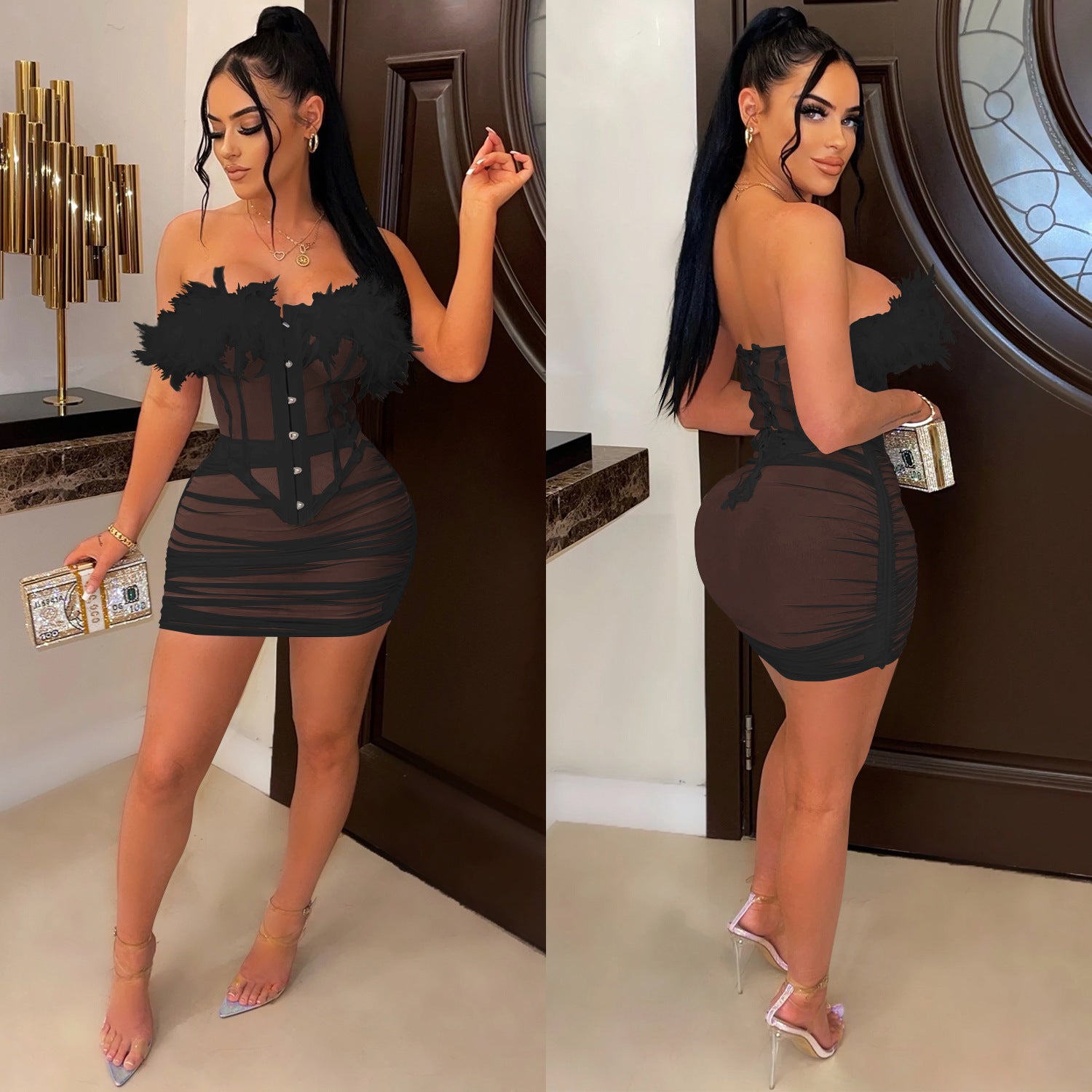 Solid Mesh See-Through Feather Lace-Up Strapless Tank Top Ruffled Midi Skirt Two Piece Set 7