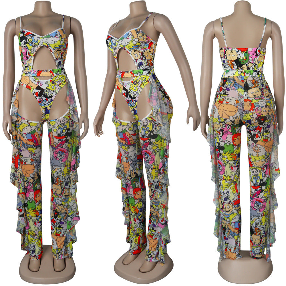 Sexy Women's Solid Color Printed One Piece Swimsuit Mesh Pants Two-Piece Set 13