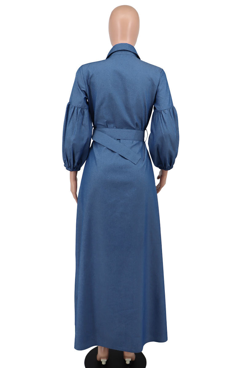 Women Fall Blue Long Sleeved Denim Shirt Dress 5