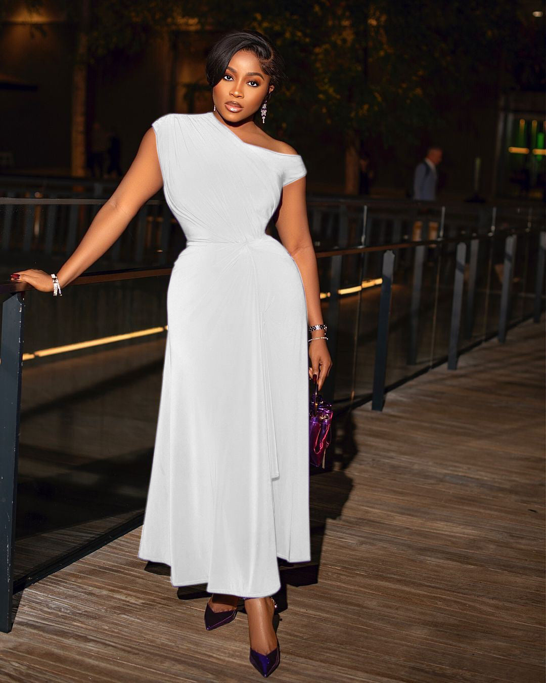 Summer African Women's Solid Color Slash Shoulder Slim Waist Evening Dress 12