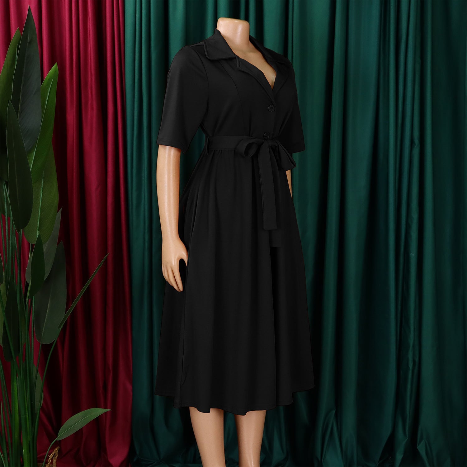 Plus Size Women Summer Short Sleeve Turndown Collar Lace-Up Solid African Dress 34