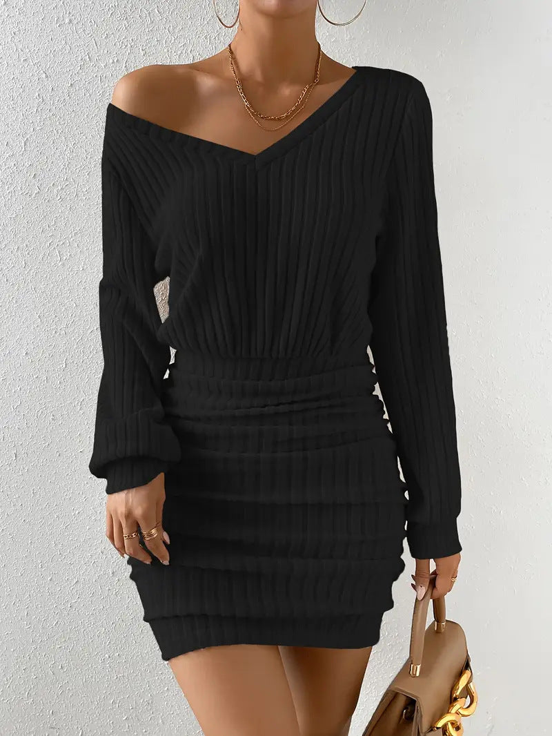 Women Fall and Winter Ribbed V Neck Long Sleeve Bodycon Dress 7