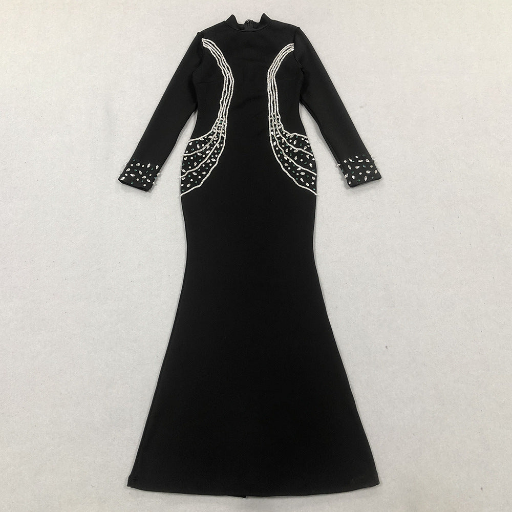 Fall/Winter Long-Sleeve Bandage Dress Rhinestone High Neck Party Gown 3