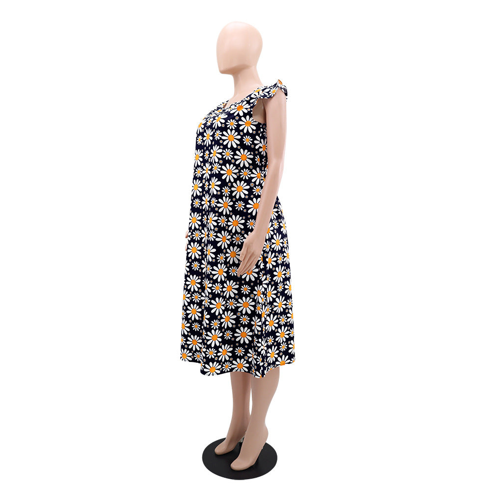 Women Round Neck Daisy Print Floral Dress 4